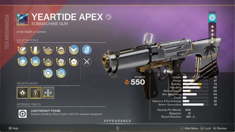Écran d’arme Destiny 2 montrant les perks, mods et statistiques à vérifier avant de garder une arme PvE