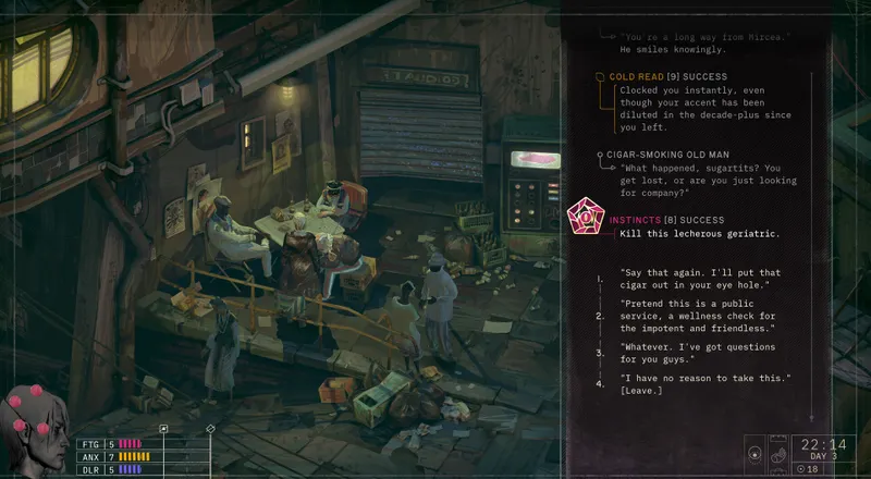 Scène de dialogue narrative dans ZERO PARADES : For Dead Spies avec portraits et texte de conversation