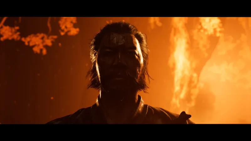 Scène sombre de Ghost of Yōtei éclairée par un feu, utile pour illustrer la préparation d