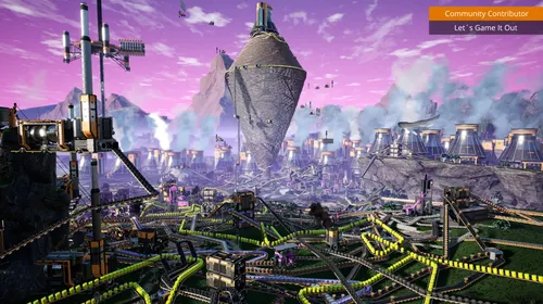 Vue panoramique officielle de Satisfactory montrant une installation industrielle dans le monde ouvert