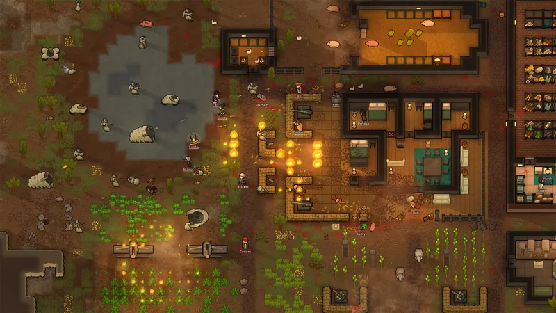 Combat RimWorld contre des mechanoides montrant une ligne de tir claire et des positions defensives prepares