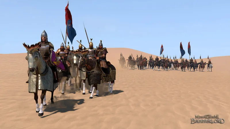 Soldados en formación avanzando en una batalla de Mount and Blade II Bannerlord