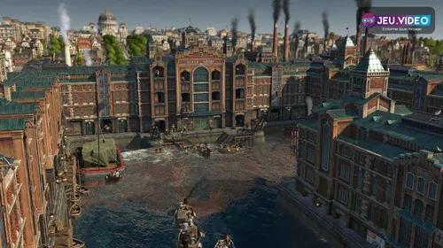 Port industriel d’Anno 1800 montrant les entrepôts et quais à organiser pour les premières routes commerciales