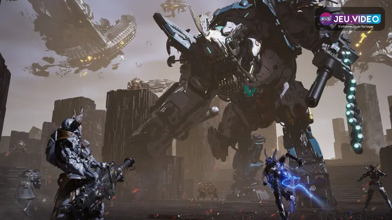 Capture officielle de The First Descendant montrant plusieurs joueurs face à un gigantesque boss mécanique dans une ville en ruines