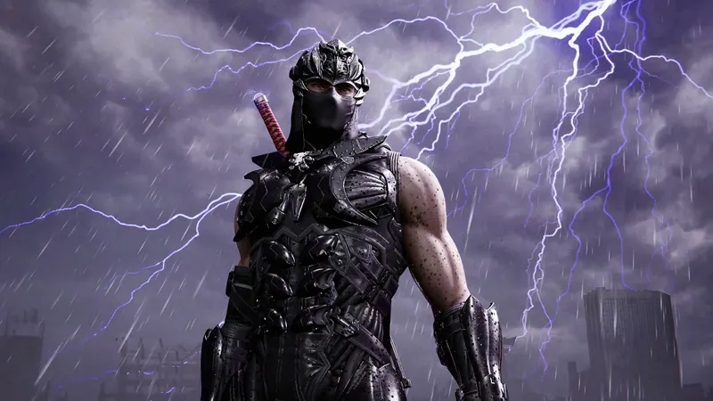 Ryu Hayabusa sous un orage dans Ninja Gaiden 4, avec son style Gleam State