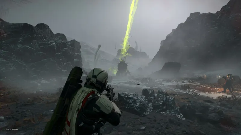 Terrain rocheux de Helldivers 2 à explorer en escouade pour repérer les points d’intérêt et sécuriser des ressources avant extraction