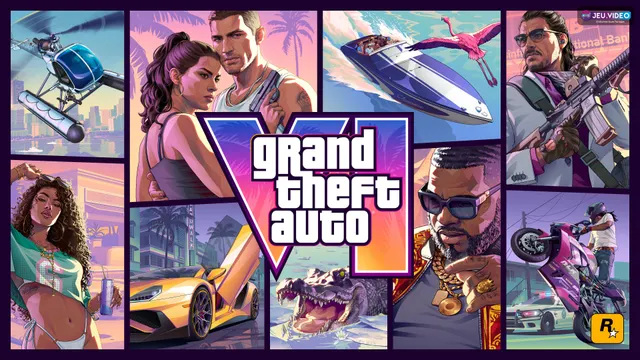Cover officielle de Grand Theft Auto VI avec Jason et Lucia en format paysage