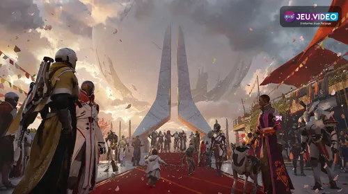 Destiny 2 Monument of Triumph avec Gardiens devant la Tour