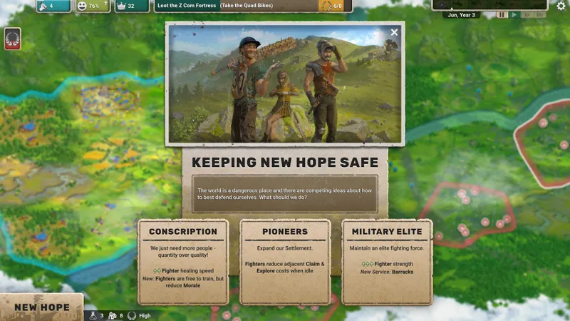 Captura oficial de After Inc: Revival que muestra un asentamiento y su paisaje posapocalíptico circundante