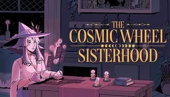 Fortuna The Cosmic Wheel Sisterhood sorcière avec carte de tarot en lévitation et trois chandelles sur la table