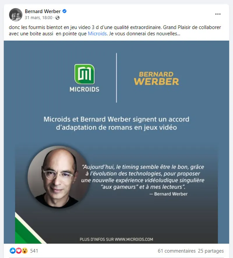 Communiqué facebook de Bernard Werber sur l'adaptation