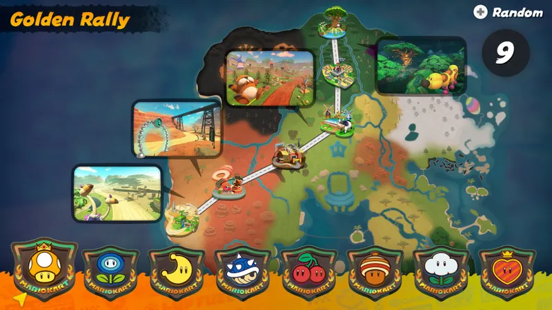 Pilotes de Mario Kart World sur une route reliant deux zones de course