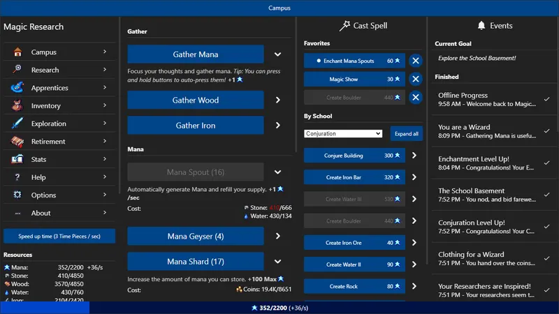 Interface de gestion de Magic Research, entre recherche magique et développement du campus