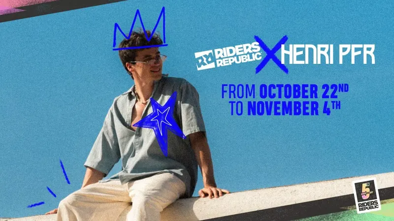 A man sitting on a low wall against a blue background, with a crown and star drawn in blue, beside the Riders Republic and Henri PFR logos.