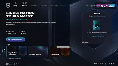 Menu Jouer de FC 26 Ultimate Team montrant les activités recommandées, les événements à venir et les récompenses disponibles.