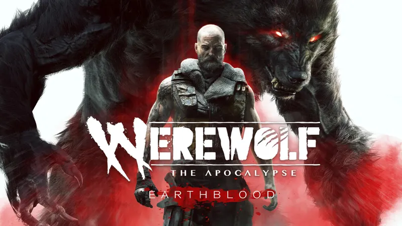 Visuel officiel de Werewolf The Apocalypse Earthblood montrant Cahal entre forme humaine et Crinos