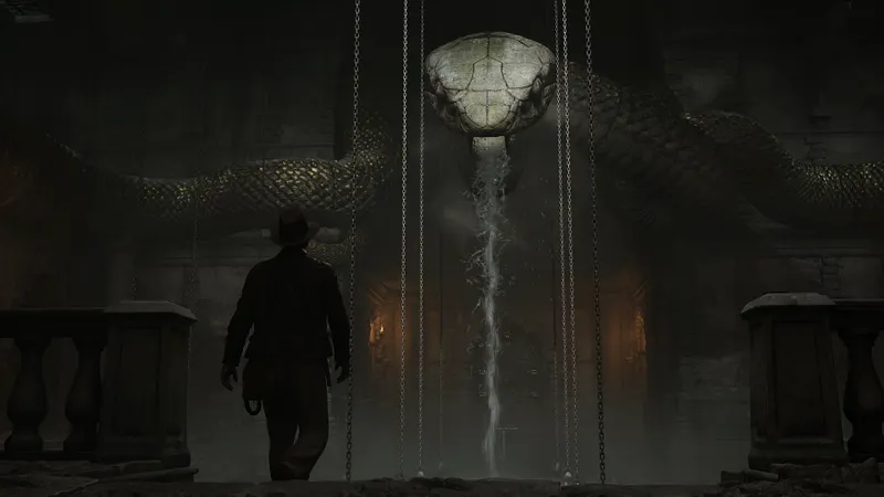 Salle du serpent dans The Order of Giants avec chaînes et bassin central à analyser