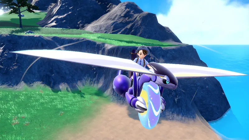 Dresseur volant avec Miraidon au-dessus des falaises de Paldea