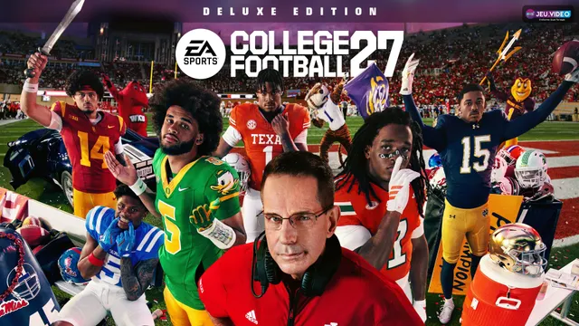 Affiche officielle de College Football 27 présentant le mode Mascot Mashup et ses mascottes sur un terrain de football américain