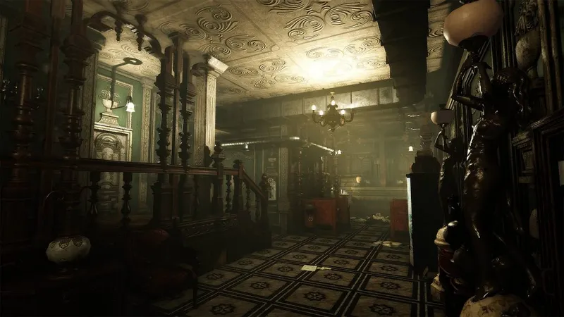 Un décor luxeux et propre d'une salle avec un sol en carrelage et des murs en bois, répandus dans Tormented Souls