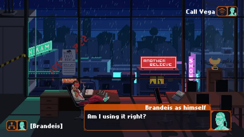 On voit un homme avec des lunettes assis sur un fauteuil de bureau, on voit une vile futuriste dans le fond et un ciel nocturne.