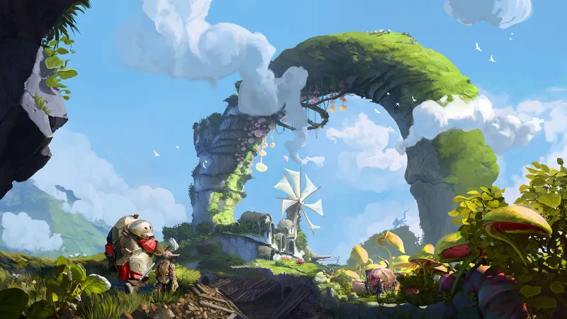 Guild Wars 3 montrant une ferme d’Orr sous une arche naturelle géante