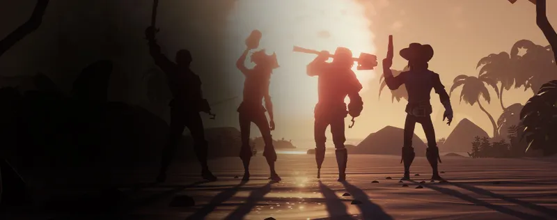 Équipage officiel de Sea of Thieves réuni sur une plage pour préparer la communication avant les voyages et le PvP