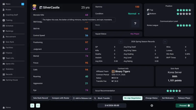 Match MOBA simulé dans Teamfight Manager 2 avec rôles et champions