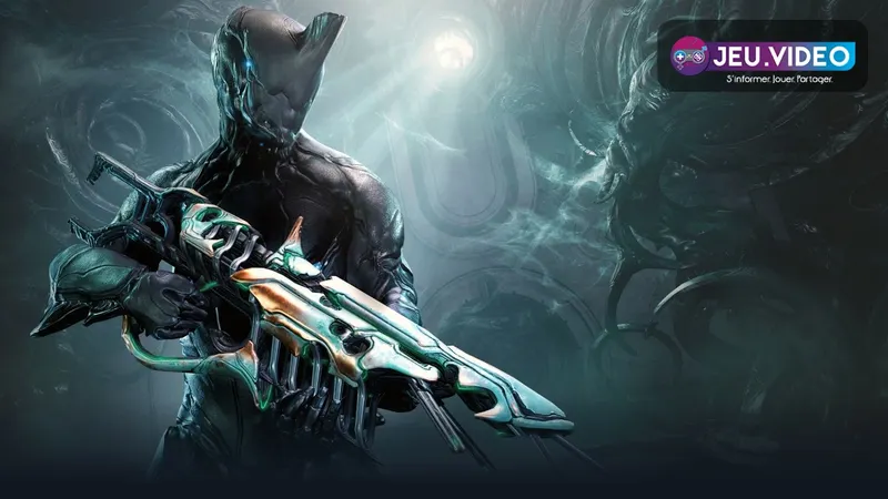 Warframe tenant une arme principale dans un couloir sombre pour illustrer les meilleures armes débutant à choisir