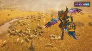Monster Hunter Wilds, chasseurs et monstre dans une scène de chasse officielle