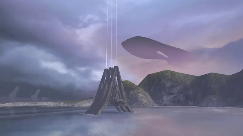 Zone ouverte de Halo 2 avec structure Forerunner et vaisseau Covenant