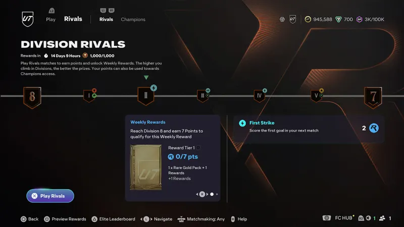 Écran Division Rivals de FC 26 avec une prime First Strike en Ultimate Team