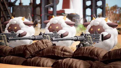 Personnage de Palworld accompagné de plusieurs Pals dans un vaste environnement extérieur, visuel officiel pour illustrer les réglages de performance sur PC