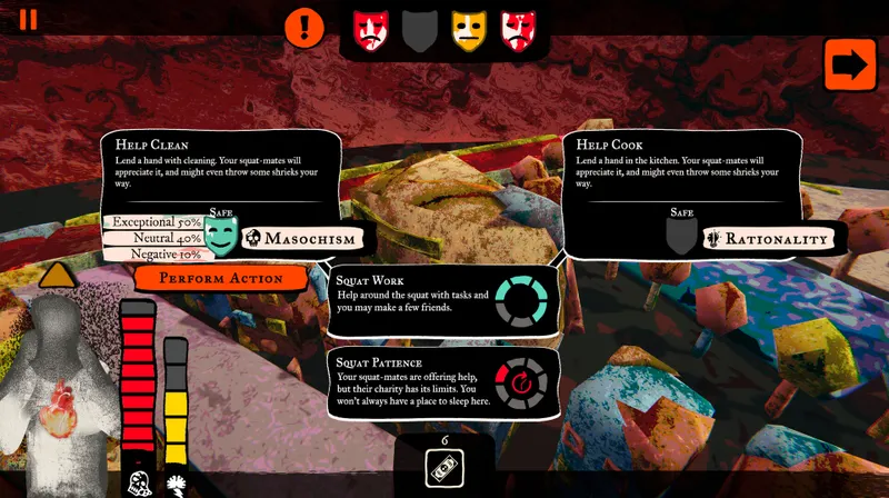 Official Joy Malignant narrative scene in Visceria, where dialogue decisions can contribute to the protagonist mosaic.
