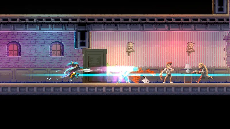 Combat de Katana Zero montrant une approche au sabre et au ralenti contre un ennemi armé