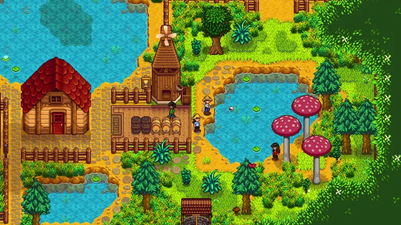 Ferme estivale de Stardew Valley près de l’eau avec cultures à arroser