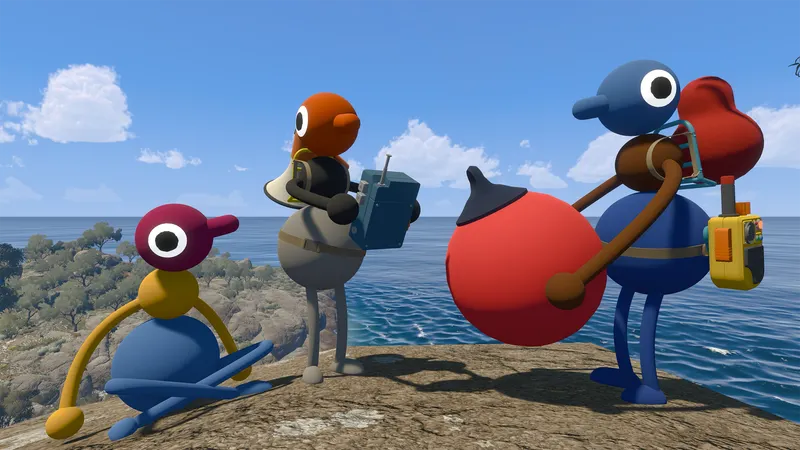 Big Walk montre quatre personnages coop avec talkies-walkies au bord de la mer