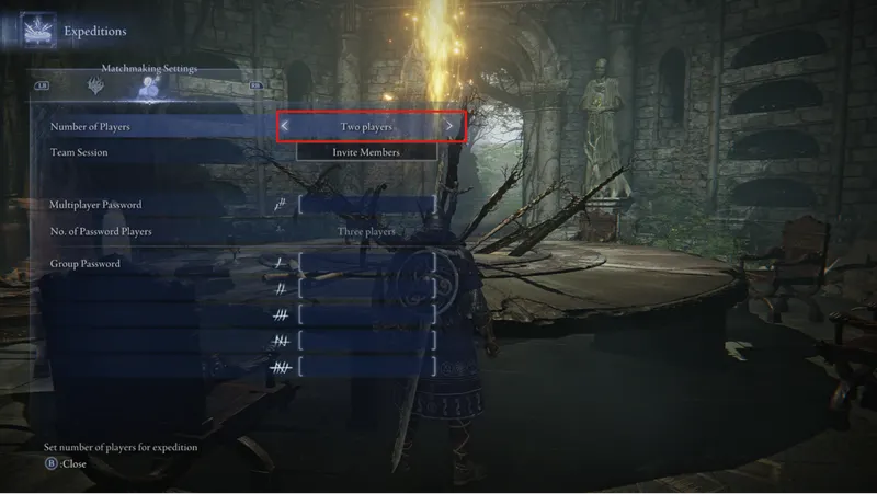 Menu de matchmaking Elden Ring Nightreign montrant le réglage Number of Players sur Two players pour lancer une expédition en duo