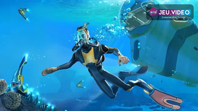 Diver Subnautica nageant près d’un petit véhicule sous-marin dans une scène officielle utilisée pour préparer le guide Seamoth débutant