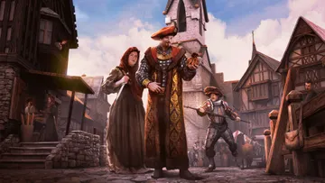 Visuel officiel de The Guild 3 montrant une famille influente dans une rue médiévale