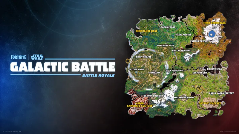 Carte Fortnite Galactic Battle avec plusieurs zones Star Wars à utiliser comme repères de combat