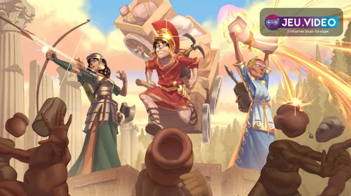 Romestead sortie Steam avec village romain, héros armé et logo du jeu