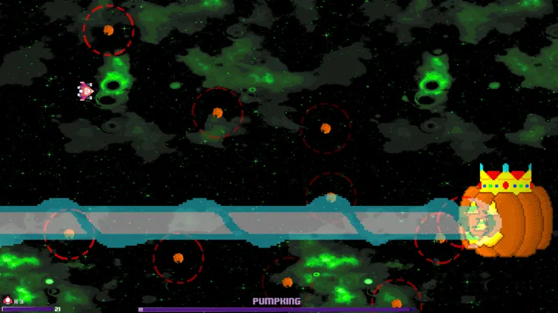 Vaisseau affrontant une vague d’ennemis dans Fruitgeddon