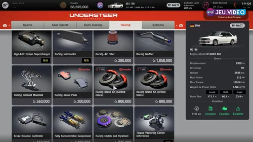 Écran du Tuning Shop de Gran Turismo 7 montrant les pièces de performance à acheter avant de régler une voiture