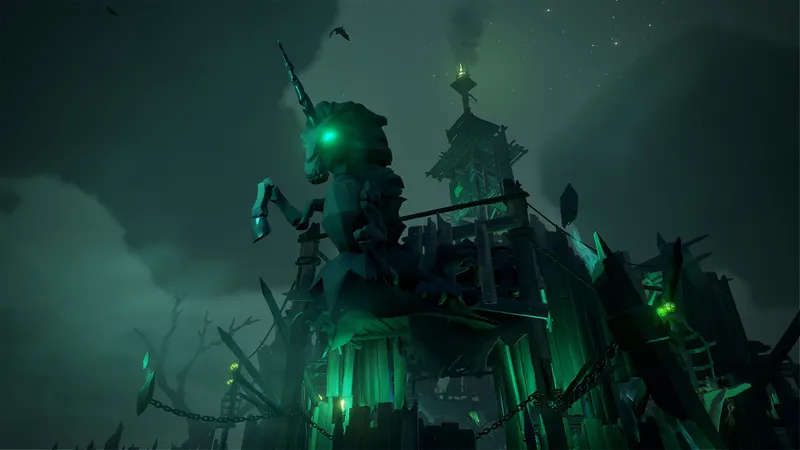 Fort menaçant de Sea of Thieves à l’ambiance verte indiquant une zone à haut risque à éviter avec du butin débutant
