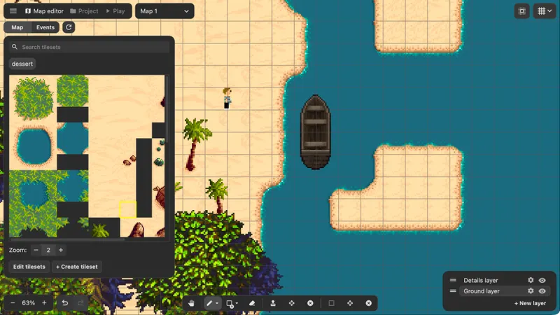 PS Maker montre une scène 2D destinée à une histoire interactive