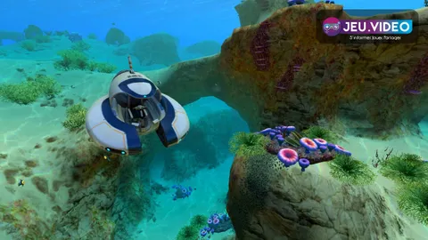 Artwork officiel de Subnautica montrant la Lifepod et une plongée de départ sur la planète océanique 4546B