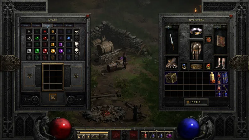 Coffre de Diablo 2 Reign of the Warlock avec onglets Gems Materials et Runes pour organiser les ressources
