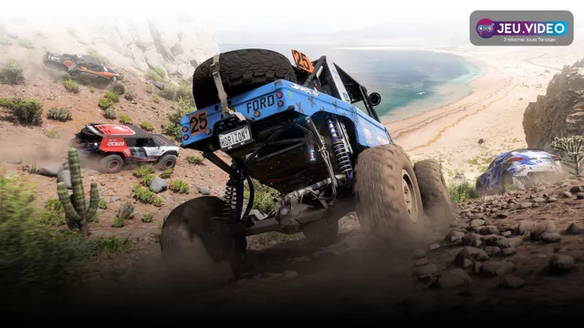 Voitures tout-terrain de Forza Horizon 5 descendant une falaise côtière pour illustrer un guide crédits et ventes aux enchères