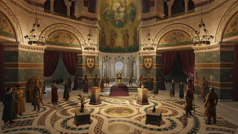 CK3 Roads to Power montrant la salle du trône byzantine dans Crusader Kings III